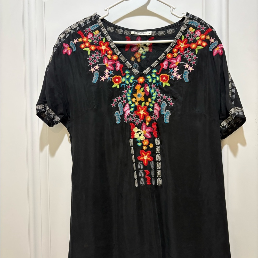 Aris Black Top with Colorful Floral Embroidery